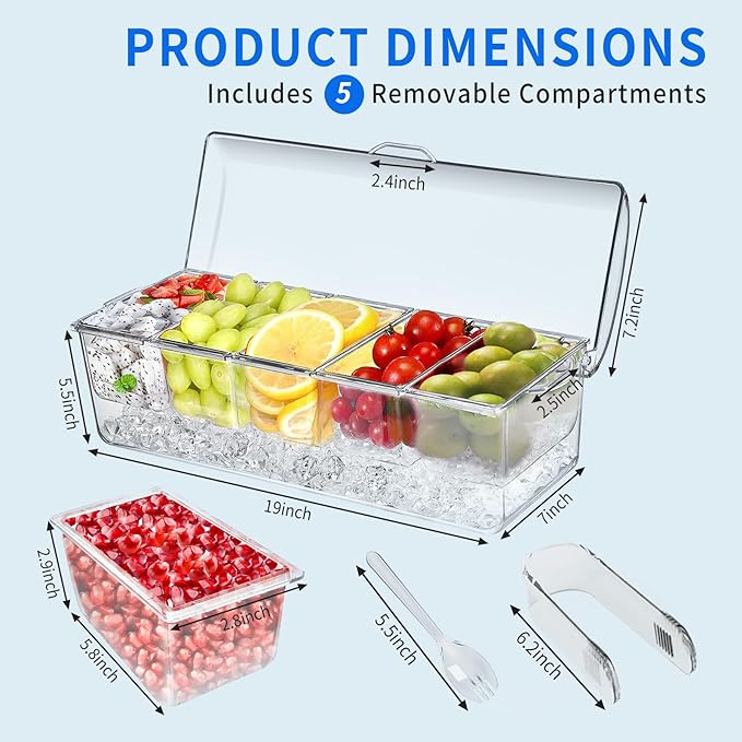 Large Ice Chilled Condiment Caddy，Chilled Condiment Containers Server with Lids for 5 Removable Compartments (2.5 cup)，Serving Platters, Fruit & Garnish Tray for Party Supplies & Bar Accessories