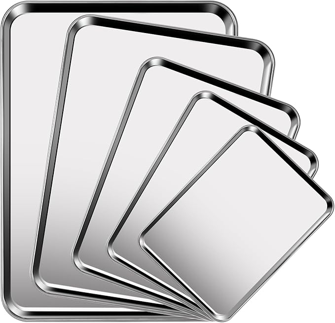 Baking Sheet Set of 5, Stainless Steel Cookie Sheet Baking Sheet Pan, 9/10/12/16/18 Inch, Non Toxic & Heavy Duty & Easy Clean，Duty Nonstick Bakeware Set for Oven Cooking