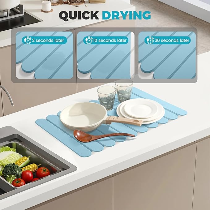 Extral Large Quick Dry Stone Drying Mat for Kitchen Counter,24"(L)x16"(W) Collapsible Eco-Friendly Absorbent Diatomaceous Earth Mat for Dishes Cups,Dish Drying Mats (Blue-Ellipse, 24x16 inch)