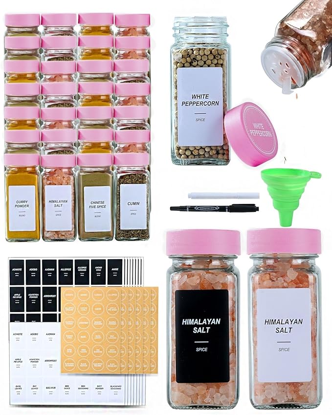 24 Glass Spice Jars with Label-4oz Spice Containers with Lids and Shaker Lids,3 Sets of Spice Labels 1 Collapsible Funnel 2 Erasable Markers (24)