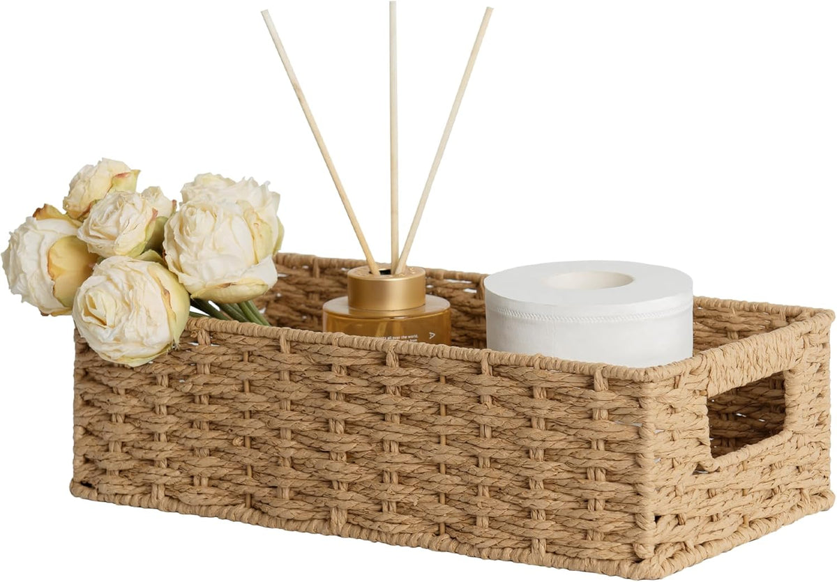 StorageWorks Toilet Paper Basket with Built-in Handles, Light Brown Round Paper Rope Baskets for Bathroom, 14 ¼"L x 6 ¾"W x 3 ¾"H, 1 Pack
