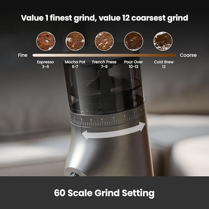 Gemilai Electric Conical Burr Coffee Grinder, Coffee Bean Grinder with Smart 60S Timer, 60 Precise Adjustable Grind Settings for Espresso, 2-12 Cup, Easy to Clean, Durable & Quiet, G9010B Grey