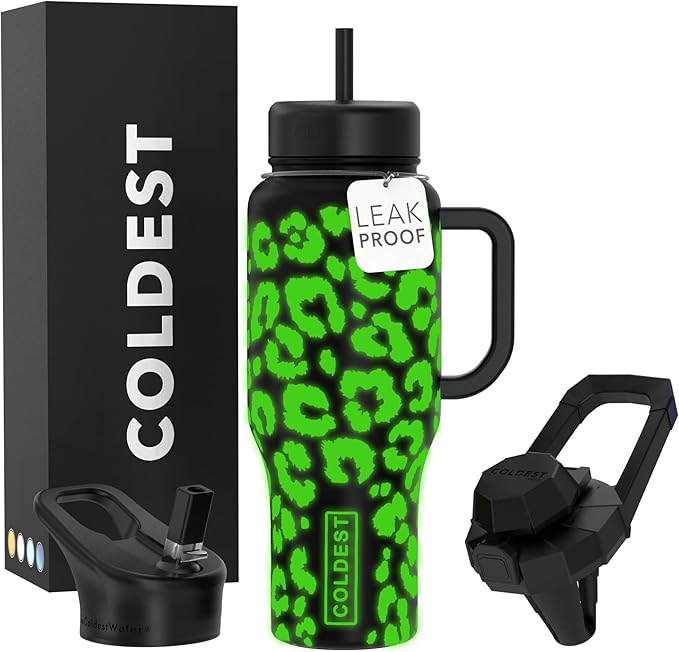 Coldest Tumbler with Handle and Straw, 100% Leak Proof Insulated Tumbler with Lid and Straw (3 Lids), Stainless Steel Tumblers for Women & Men, Cup Holder Friendly, 36 oz (Glowie Leopard)