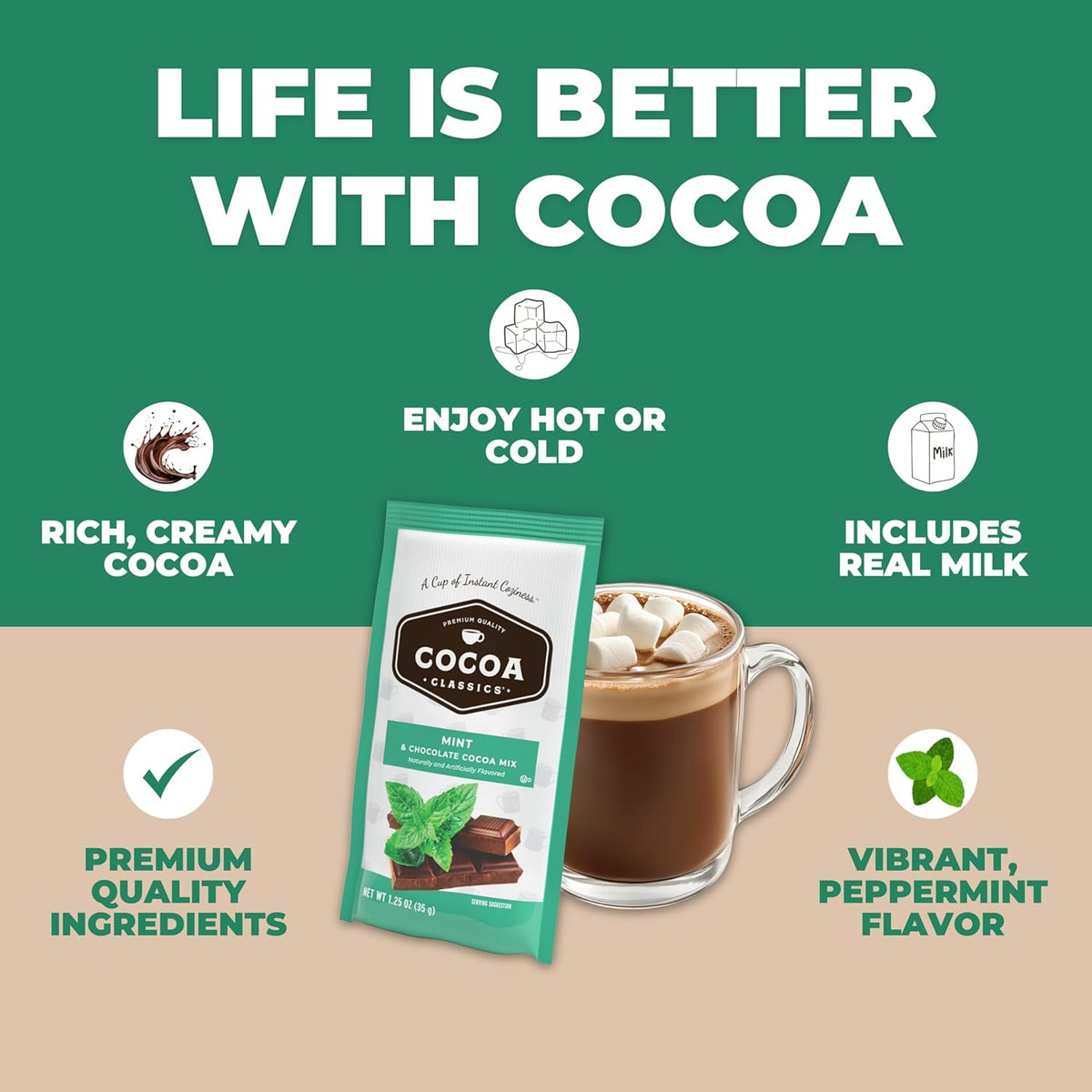 Cocoa Classics Mint Cocoa Mix, Hot Chocolate, Made with Nonfat Milk, Just Add Hot Water, Make Hot or Iced Cocoa, Gluten Free & Kosher Dairy Friendly, 1.25oz Packets (Pack of 36)