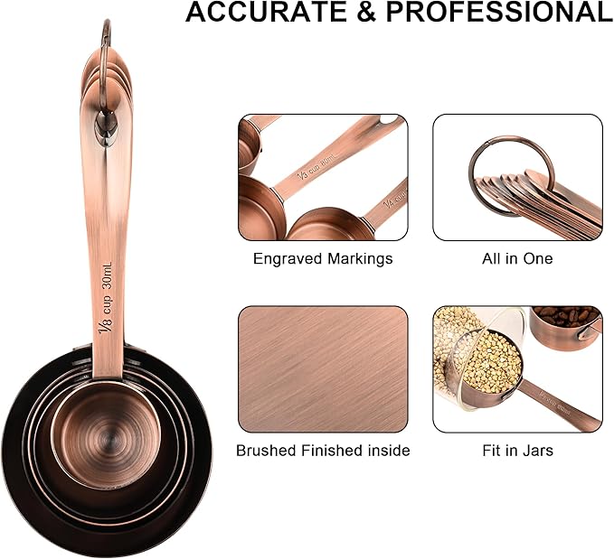 Copper Plated Measuring Cups and Spoons Set, Stainless Steel Measuring Cups and Spoons Set with 5 Kitchen Measure Cup, 6 Spice Measure Spoons, US&Metric Measuring Tools for Baking