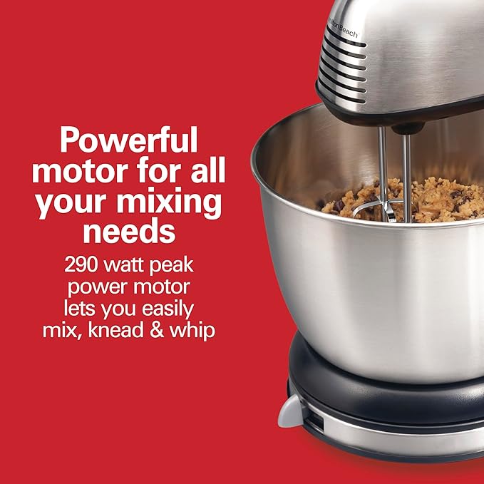 Hamilton Beach Classic Stand and Hand Mixer, 4 Quarts, 6 Speeds with QuickBurst, Bowl Rest, 290 Watts Peak Power, Black and Stainless