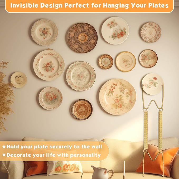 7 pcs Plate Hangers for The Wall, 4/6/8/10/12 Inch Invisible Decorative Wall Plate Hangers, Stainless Steel Plates Walls Hanger for Display Various Sizes with Hooks for Decorative