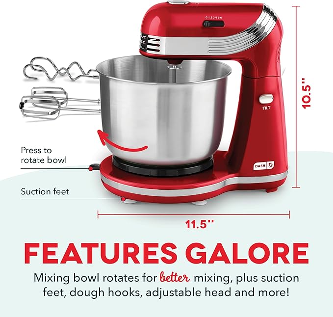DASH Stand Mixer (Electric Mixer for Everyday Use): 6 Speed Stand Mixer with 3 qt Stainless Steel Mixing Bowl, Dough Hooks & Mixer Beaters for Dressings, Frosting, Meringues & More - Red, DCSM250RD