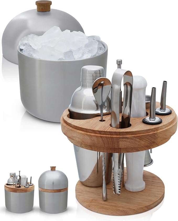 Gusto Nostro Cocktail Set Bartender Kit with Stainless Steel Ice Bucket - Complete Mixology Bar Tool Set with Wooden Organizer, Cocktail Shaker, Jigger, Muddler, Spoon, Tongs, Pourers, Recipe Cards