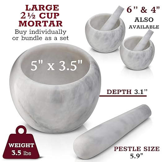 Gusto Nostro Natural Marble Mortar and Pestle Set | 5 Inch - 2.5 Cup Large Mortar Pestle Set for Grinding Herbs, Nuts, Grains | Pesto Grinding and Guacamole Stone Bowl | Marble Spice Crusher