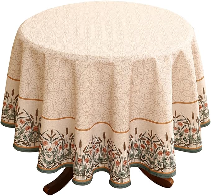 patdrea Designer Vintage Linen Round Table Cloth,Anti-Wrinkle Breathable French Tablecloth,Fall Decor Table Cover for Kitchen Dining,Christmas,Thanksgiving,Tea Party,Diameter 67"-Cudillero