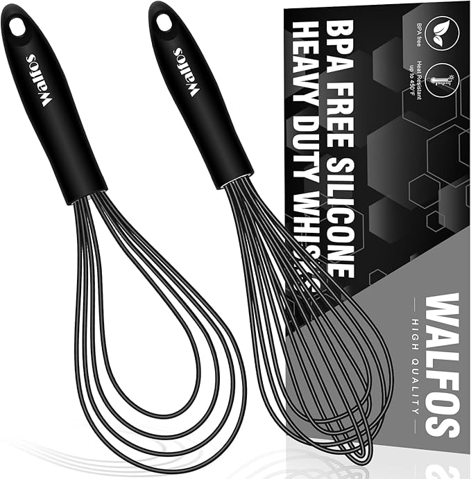 Walfos Whisk 11inch Flat Whisks and 10inch Balloon Whisk Combo,Silicone whisks for cooking,Non Scratch Coated Wisk,Suitable for Ceramic Coated pans and Wider shallower pots.(2pcs black)