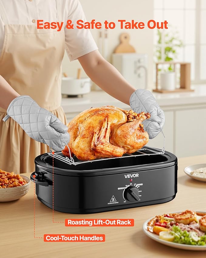 VEVOR Roaster Oven, 18QT Fast-Cooking Turkey Roaster, 150-450℉ Adjustable Temperature Turkey Oven with Self-Basting Lid, Removable Pan and Rack, Defrost & Warm Function, Electric Roasting Pan for Home