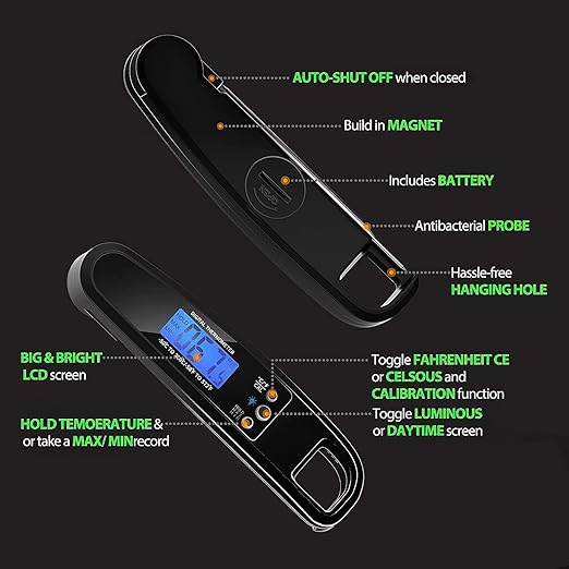 Meat Thermometer Digital, IP67 Waterproof Cooking Thermometer with Backlight & Hold Function, Instant Read Food Thermometer for Cooking, Outdoor Grilling, Candy Making (Black)