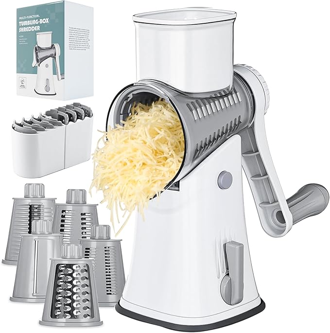 Ourokhome Rotary Cheese Grater Shredder, Multifunction 5 in 1 Kitchen Manual Speed Round Mandolin Food Slicer Vegetable Shooter Potato Hashbrown Grinder for Nut, Carrot, Radish, Cucumber, White
