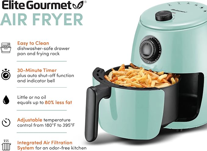 Elite Gourmet EAF-0201BL Personal Compact Space Saving Electric Hot Air Fryer Oil-Less Healthy Cooker, Timer & Temperature Controls, 1000W, 2.1 Quart, Mint