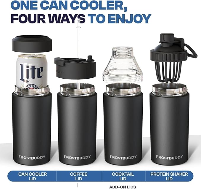 Frost Buddy Universal Can Cooler - Fits All - For Regular 12 & 16 oz or Slim-Size Bottles - Insulated Double-Walled Stainless Steel (Gunmetal Glory)