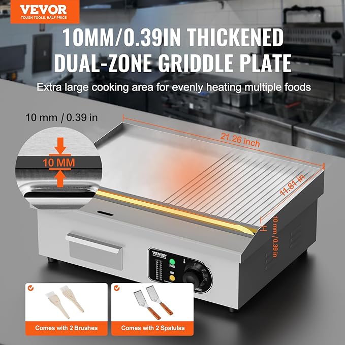 VEVOR Commercial Electric Griddle, 1600W Countertop Half-Flat Top Grill, 22in Stainless Steel Griddle Grill with 2 Shovels and 2 Brushes for Home or Restaurant, 122℉-572℉ Adjustable Temp