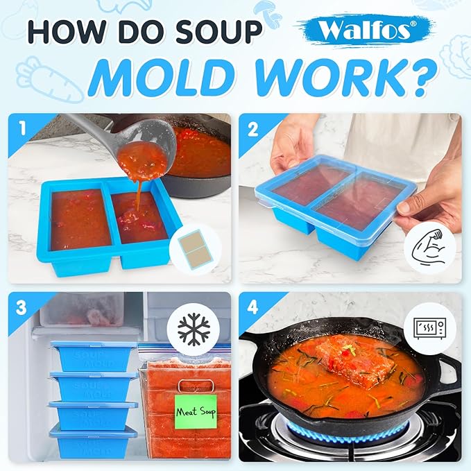 Walfos 1 Cup Silicone Freezer Tray with Lid,Soup Freezer Molds 4 Packs,Bin and Tongs,BPA Free Silicone Freezing Container,Perfect For Storing and Freezing Soup,Broth,Sauce,with 12 Removable Labels