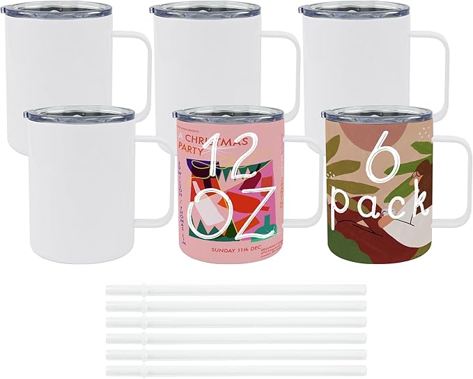 6 Pack 12 oz Sublimation Tumblers with handle Coffee Blanks, with Lid and Straw Cups Blank Bulk, Straight Skinny Insulated Cup Stainless Steel Water Bottle for Craft DIY…