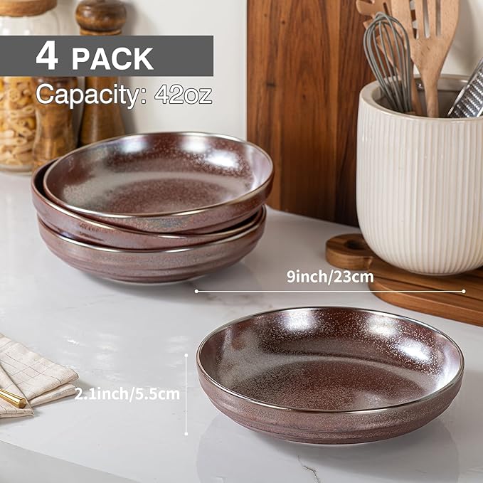HAPPY KIT 9'' Large Pasta Bowls Set of 4, 42 Oz, Stoneware Reactive Glaze Salad Bowls, Ceramic Serving Bowls for Fruit,Soup,Noodle, Dinner, Scratch Resistant, Dusty Rose