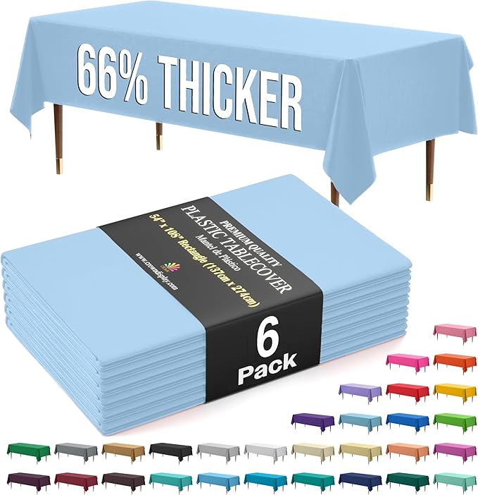 Party Solids 66% Thicker Premium Plastic Table Cloth Rectangle Table Cover 0.5 Mil 6 Pack Light Blue Table Cloth 54 Inch x 108 Inch Disposable Tablecloth Won't Tear Easily Like Cheap Thin Brands
