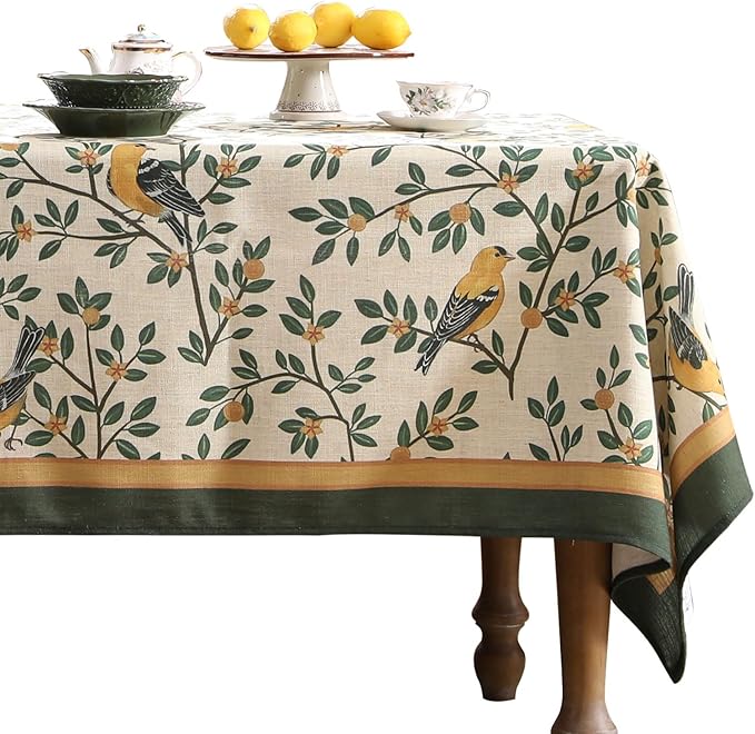 patdrea Designer Vintage French Small Rectangle Table Cloth,Green Linen Yellow Birds and Leaves Pattern Tablecloth,Decor Table Cover Kitchen Dining Christmas,Banquet,Thanksgiving,55"x71"-Warbler