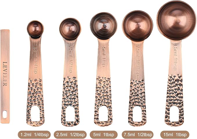 Copper Measuring Cups and Spoons set, Stainless Steel Measuring Cups and Spoons set for Baking & Kitchen, Metric & US 5 Copper Measure Cup and 6 Measure Spoons and 1 Ingredient Leveler