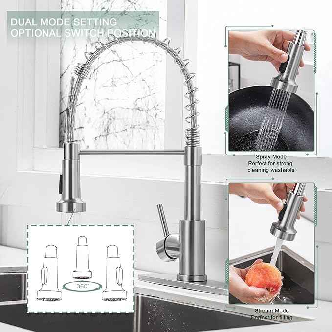 WEWE Kitchen Faucets, Brushed Nickel Kitchen Faucet with Pull Down Sprayer, Industrial Spring Single Handle Stainless Steel Kitchen Sink Faucet with Deck Plate, 1 Hole or 3 Hole for Laundry Rv