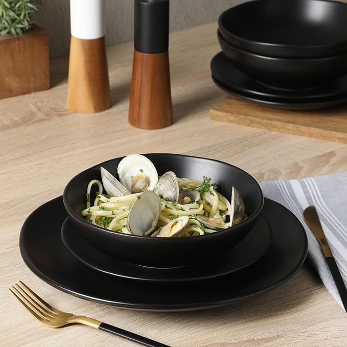 Gibson Home Bethel 18 Piece Plates and Bowls Ceramic Stoneware Organic Shape Dinnerware Set (Service for 6) - Matte Black
