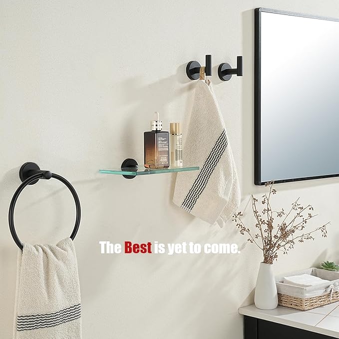 JQK Bathroom Glass Shelf Black, Tempered Glass Shower Storage 8 by 5 inches, 304 Stainless Steel Matte Black Wall Mount 2 Pack, TGS101L8-PB-P2