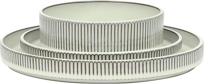 Gibson Elite 12 Piece (Service for 4) Townscape Plates and Bowls Reactive Glaze Embossed Round Dishes Terracotta Ceramic Dinnerware Set - Cream White