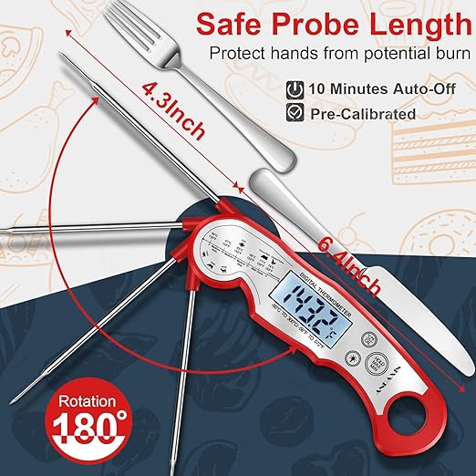 Meat Thermometer Digital - Fast Instant Read Food Thermometer for Cooking, Candy, Outside Grill, and Roast, Digital Food Thermometer with Backlight LCD & Calibration - Red/Silver