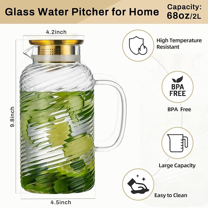 Buaic 2 PACK Glass Pitcher with Lid, 68 oz/ 2 Liter Spiral Pattern Water Pitcher,Glass Water Carafe for Cold Brew, Coffee, Lemonade, Iced Sun Tea,Beverage, Milk, Heat Resistant