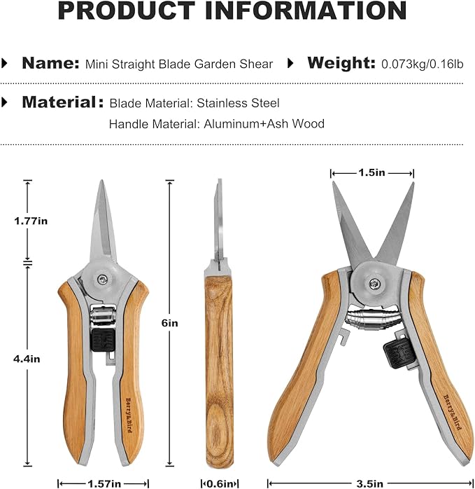 Berry&Bird Mini Pruning Shears for Gardening Straight Blades Hand Pruners with Wooden Handle Garden Scissors Snips Stainless Steel Trimming Small Clippers Bonsai Compact Size Shearing Tool