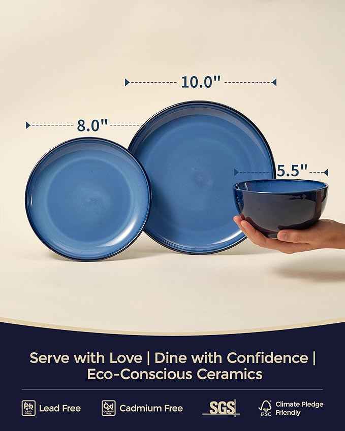 Blue Stoneware Dinnerware Set, 12 pcs Reactive Glaze Plates and Bowls Sets, Handmade Round Dishes Set for 4, Highly Chip and Crack Resistant Modern Plate Set