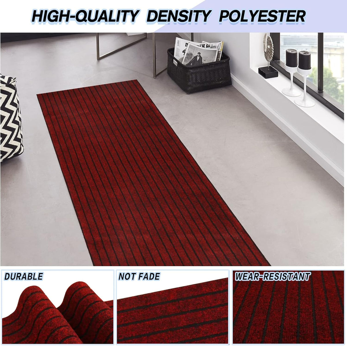 Custom Size Backed Non-Slip Area Rugs Runner, Easy Clean, Waterproof Runner Rugs for Hallway Entryway, Kitchen, Laundry, 3FT x 49FT, Red Stripe