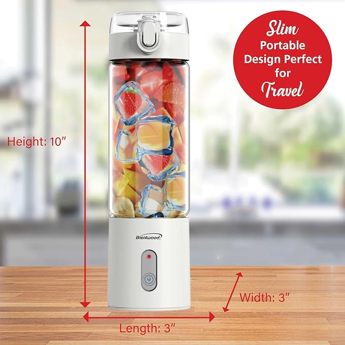 Brentwood 50-Watt 17-Oz. Portable Battery-Operated USB-Chargeable Glass Blender (White)