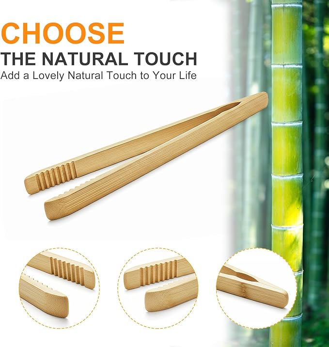 2 Pack Premium Bamboo Toaster Tongs, 10 Inches Natural Wooden Tongs with Serrated Tips for a Secure Grip on Toast, Bagels, Pastries, and Salads, Reusable for Cooking & Serving
