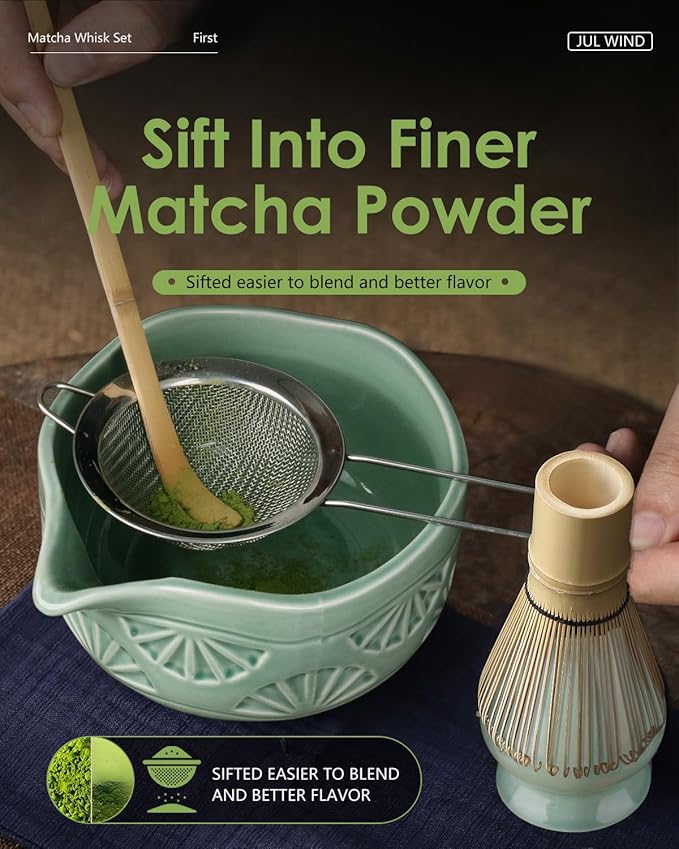 Matcha Whisk Set, Ceramic Matcha Set Includes Matcha Bowl with Spout, Matcha Whisk and Holder, Bamboo Scoop, Sifter and Tea Towel - 6 Pcs Matcha Kit Gift for Matcha Lovers (Green)