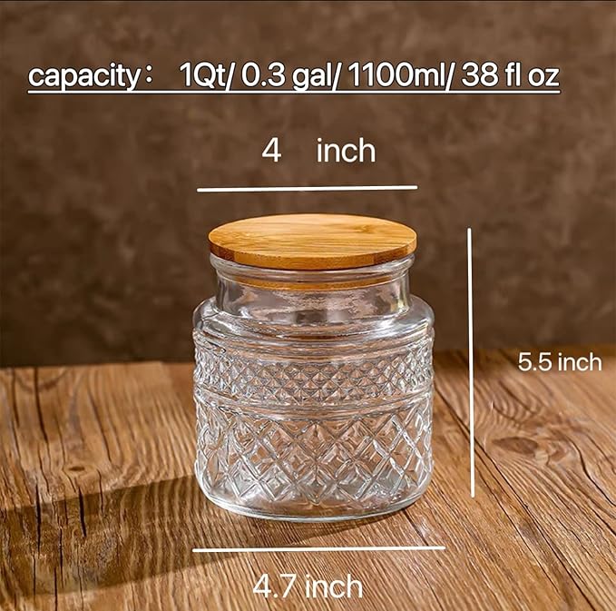 Prettidecor Glass Storage Jar, 38 FL OZ, Food Canisters with Bamboo Lid, Kitchen Containers Decorative Airtight Glass Jars For Cereal Nuts Snack Candy Cookies Coffee Tea