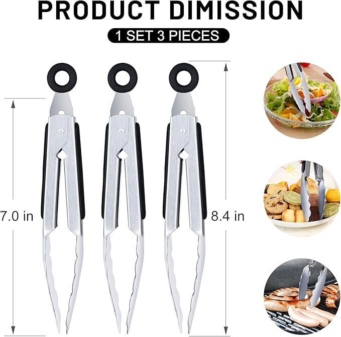 Hotec Mini Stainless Steel Kitchen Tongs for Cooking - 7-Inch Small Serving Tongs Metal Food Tongs Non-Slip Grip
