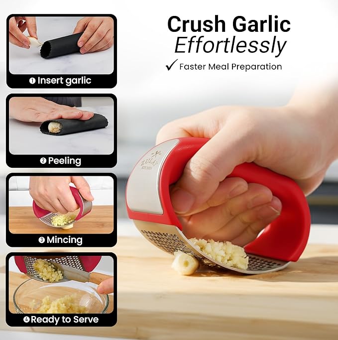 Zulay Kitchen Stainless Steel Garlic Press Rocker Set - Premium Garlic Mincer Garlic Crusher - New Innovative Garlic Crusher with Peeler and Scraper - Comfortable Grip (Red)