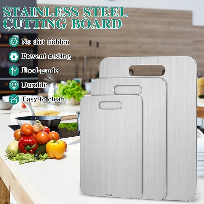 3 Pcs Stainless Steel Cutting Board for Kitchen 304 Steel Chopping Dishwasher Safe Metal Cutting Board Set for Kitchen Meat Fruit Vegetable (18.1''x11.8'',9"x13.4",7.9"x11.8")