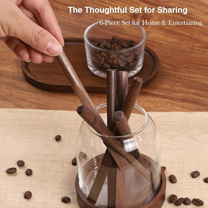 Black Walnut Wood Coffee Stirrers, 6Pcs 6 Inch Reusable Stir Sticks for Coffee, Tea, Milk, Espresso, Peanut Butter Spreader, Multifunctional Wooden Stirrers with Smooth Finish (Brown, 6pcs)