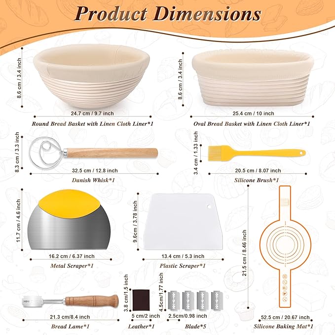 Banneton Basket Set of 2, 10" Oval & 9.7" Round Banneton Bread Proofing Basket with Liners, Bread Lame, Silicone Baking Mat, Danish Whisk, Brush, Proofing Bowls Sourdough Starter Kit Tools