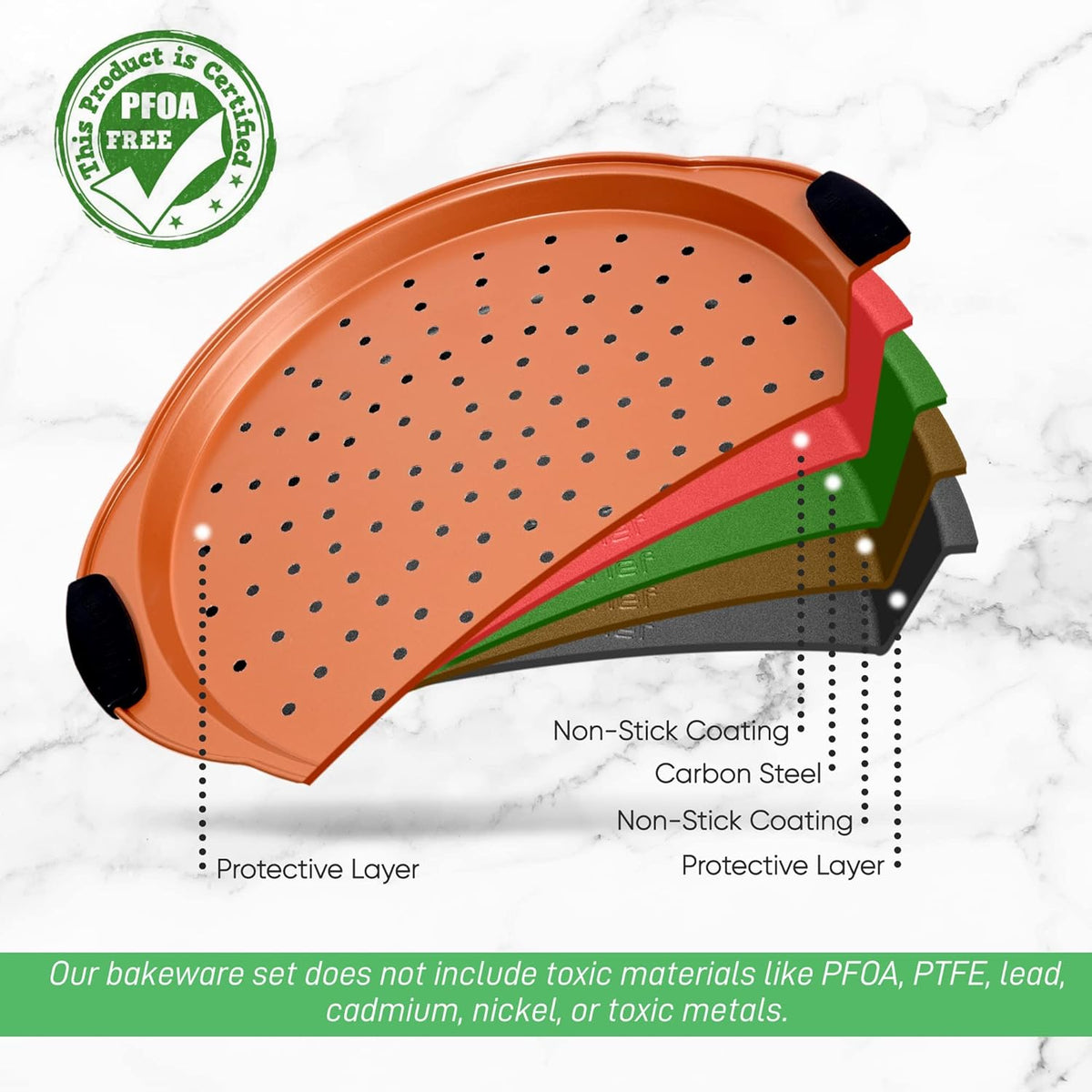 NutriChef 13-Inch Nonstick Pizza Tray - Round Carbon Steel Non-Stick Pizza Baking Pan with Perforated Holes, Premium Bakeware Pizza Screen with Silicone Grip Handles, Dishwasher Safe - Copper