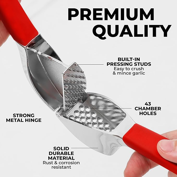Zulay Kitchen Comfort Grip Garlic Press - Garlic Mincer Tool - Garlic Crusher - Garlic Press Mincer Rust Proof, with Soft Ergonomic Handle, Easy Clean Set with Peeler and Brush - Red