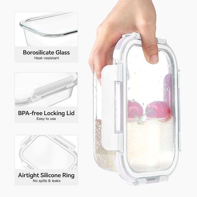 BAYZZ 10 Pack 22 oz Glass Meal Prep Containers, Glass Food Storage Containers with Airtight Lids, BPA-Free, Freezer and Microwave Safe, White