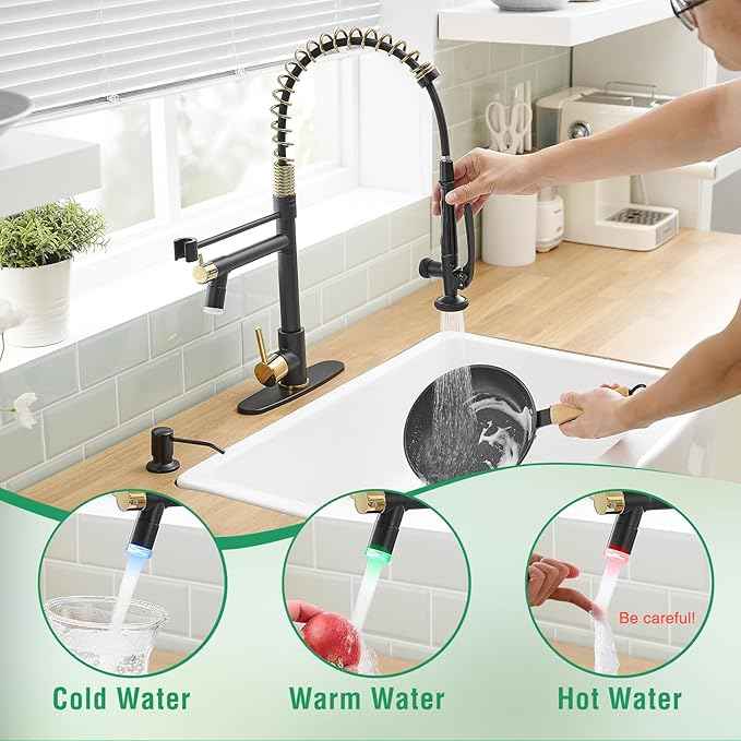 Fapully Commercial Kitchen Faucets with Pull Down Sprayer Matte Black&Gold LED Kitchen Faucet with Soap Dispenser and Deck Plack for 4 Hole, Single Handle Faucet for Kitchen Sink